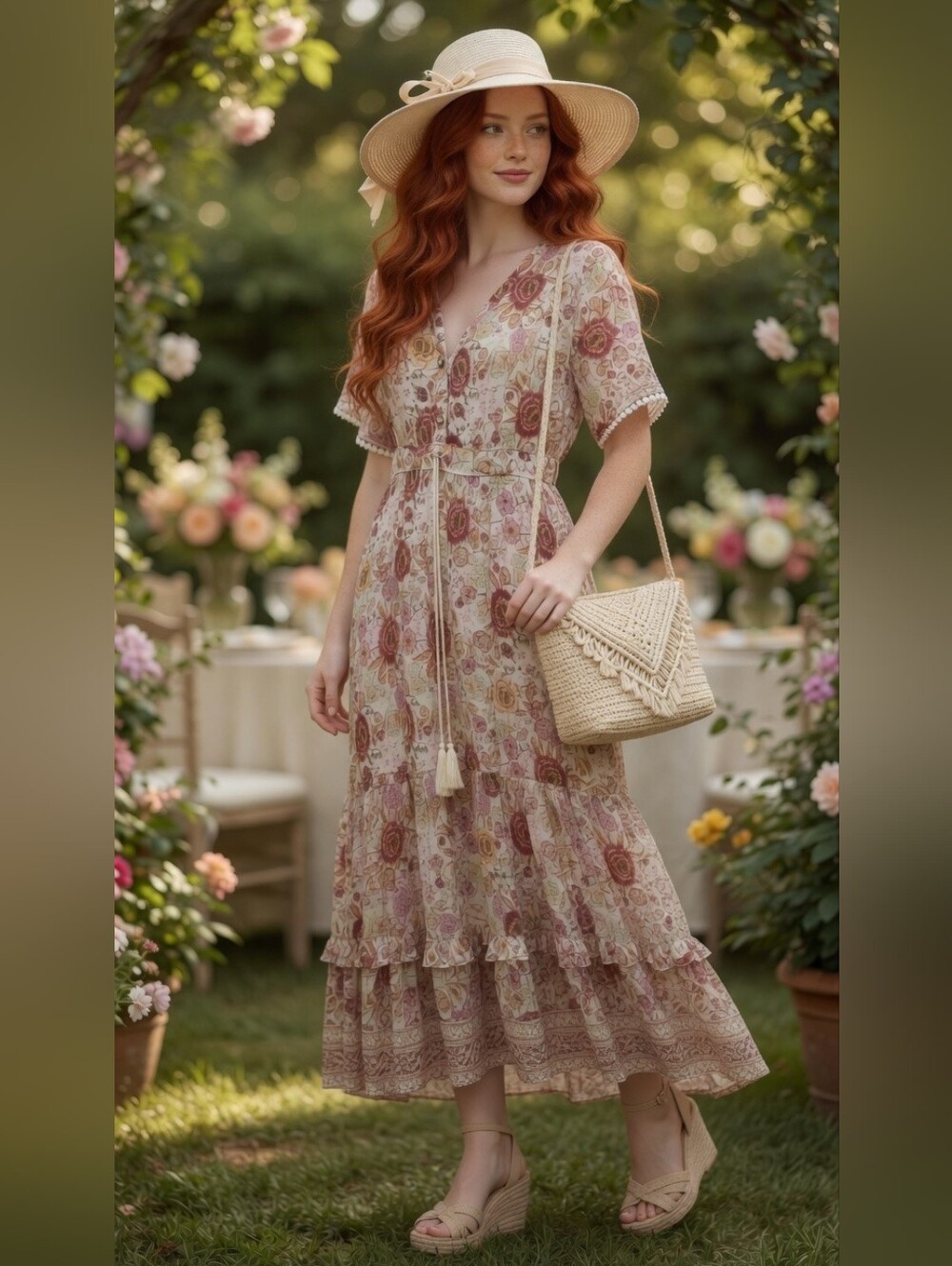 Boho Floral Ruffled Tiered Maxi Fitted Tassel Rope Belted Waist Flowy Dress